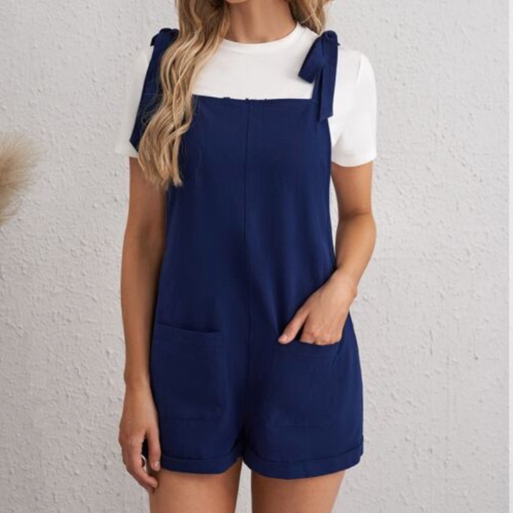 SHEIN Navy Blue Overall Romper Tie Top
